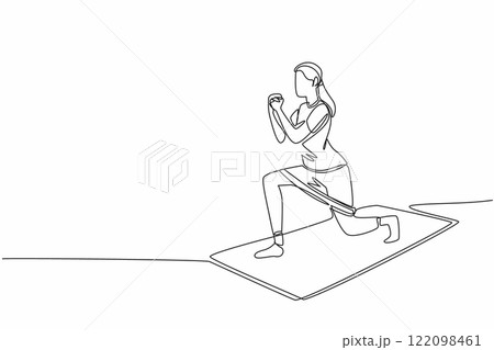 Continuous one line drawing a woman exercising on a training mat doing movements with a resistance band on her thighs. Light steps. Love Your Thighs Day. Single line draw design vector illustration 122098461