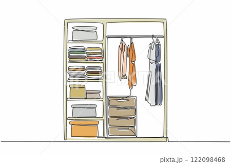 Continuous one line drawing wardrobe with several compartments containing piles of clothes and boxes. Walk in closet in corner of room. Get Organized Day. Single line draw design vector illustration 122098468