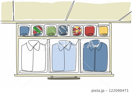 Single one line drawing wardrobe drawer opened and inside there are shirts and ties in various colors. Shirts are separated by color. Get Organized Day. Continuous line design graphic illustration Single one line drawing wardrobe drawer opened and inside there are shirts and ties in various colors. Shirts are separated by color. Get Organized Day. Continuous line design graphic illustration 122098471