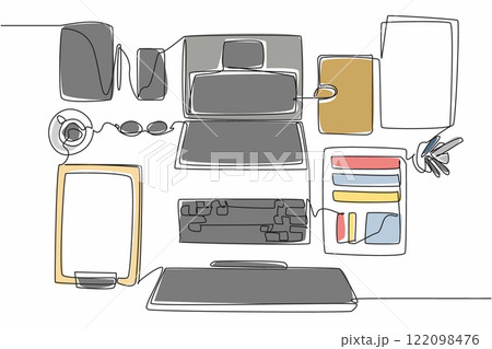 Single one line drawing a very neatly arranged work desk. Makes it easier to work and read weekly reports. Neatness keeps a good mood. Get Organized Day. Continuous line design graphic illustration 122098476