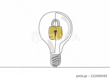 Continuous one line drawing a light bulb with a padlock inside. The brilliance of an idea that no one else can claim. World Intellectual Property Day. Single line draw design vector illustration Continuous one line drawing a light bulb with a padlock inside. The brilliance of an idea that no one else can claim. World Intellectual Property Day. Single line draw design vector illustration 122098485