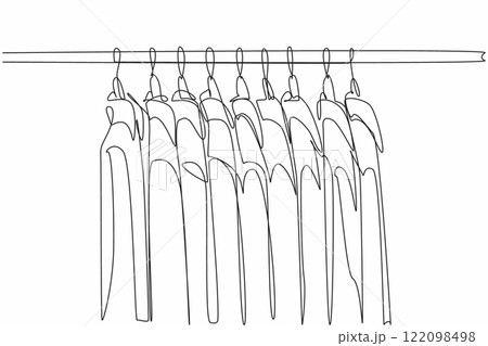 Single continuous line drawing clothes hanger with several shirts of various colors hanging. Ironed, ready to wear. Hang it there are no creases. Get Organized Day. One line design vector illustration 122098498