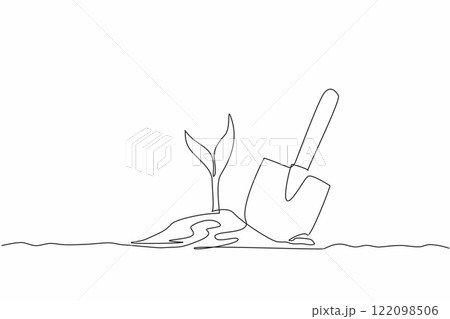 Continuous one line drawing new small trees are planted with help of a shovel. Positive activities to green the earth. Level up oxygen. National Arbor Day. Single line draw design vector illustration Continuous one line drawing new small trees are planted with help of a shovel. Positive activities to green the earth. Level up oxygen. National Arbor Day. Single line draw design vector illustration 122098506