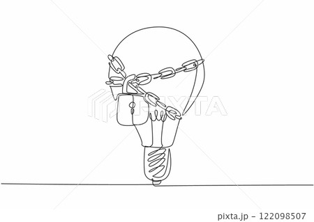 Single one line drawing the outer light bulb is chained around bulb and locked. Limited ideas and innovation. Expensive. World Intellectual Property Day. Continuous line design graphic illustration 122098507