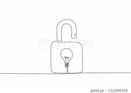 Continuous one line drawing a padlock with a light bulb in the middle. Works originating from ideas protected by patents. World Intellectual Property Day. Single line draw design vector illustration Continuous one line drawing a padlock with a light bulb in the middle. Works originating from ideas protected by patents. World Intellectual Property Day. Single line draw design vector illustration 122098508