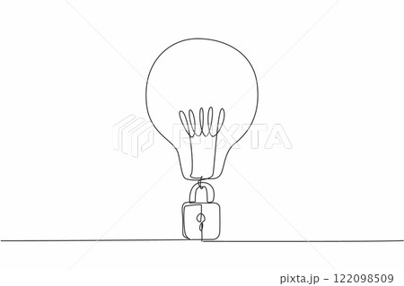 Single continuous line drawing a light bulb with a padlock at the bottom. Register the brilliant ideas to be protected by law. World Intellectual Property Day. One line design vector illustration 122098509