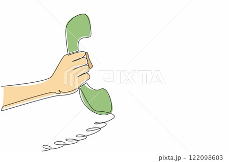 Single one line drawing hand holding a retro telephone receiver with its coiled cord. Pick up a phone call. Old-school technology. National Telephone Day. Continuous line design graphic illustration Single one line drawing hand holding a retro telephone receiver with its coiled cord. Pick up a phone call. Old-school technology. National Telephone Day. Continuous line design graphic illustration 122098603