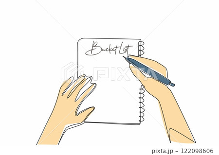 Continuous one line drawing hand holding a pen and writing in a notebook. Designing targets for the future. Writing down dreams. National Bucket List Day. Single line draw design vector illustration Continuous one line drawing hand holding a pen and writing in a notebook. Designing targets for the future. Writing down dreams. National Bucket List Day. Single line draw design vector illustration 122098606