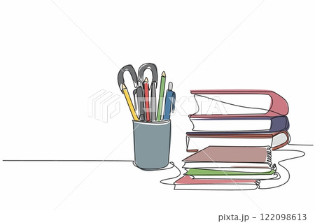 Single one line drawing pencils and other stationery neatly arranged in a pencil case. Marking multiple formulas. Learn and memorize. World Stationery Day. Continuous line design graphic illustration 122098613