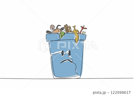 Single continuous line drawing trash can is filled with lots of leftover food. Trash can sad character because of wasteful behavior. Redundant. Stop Food Waste Day. One line design vector illustration Single continuous line drawing trash can is filled with lots of leftover food. Trash can sad character because of wasteful behavior. Redundant. Stop Food Waste Day. One line design vector illustration 122098617
