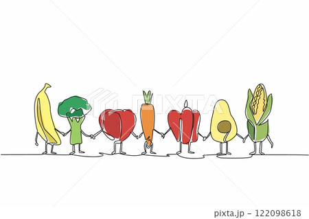 Single one line drawing various foods become characters and while holding hands. Spend or do not buy too much. Avoid wasteful behavior. Stop Food Waste Day. Continuous line design graphic illustration 122098618