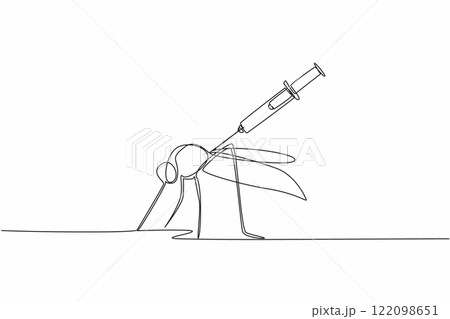 Single one line drawing syringe injection that injects large mosquitoes. Malaria can be prevented by vaccines. Stop with healthy living. World Malaria Day. Continuous line design graphic illustration 122098651