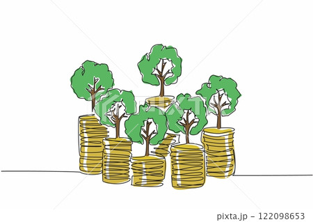 Single one line drawing some stacks of coins with trees. Symbol of investment. Investment rather than wasteful behavior. National Financial Awareness Day. Continuous line design graphic illustration Single one line drawing some stacks of coins with trees. Symbol of investment. Investment rather than wasteful behavior. National Financial Awareness Day. Continuous line design graphic illustration 122098653