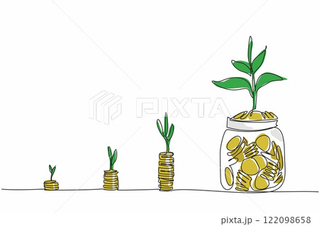 Single one line drawing hand inserts a coin into a jar containing a pile of coins and a tree. Investment for the future. National Financial Awareness Day. Continuous line design graphic illustration 122098658