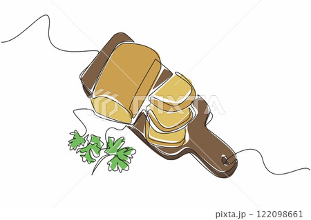 Continuous one line drawing zucchini bread that has been cut into 3 pieces on a chopping board. Healthy snacks for the weekend. National Zucchini Bread Day. Single line draw design vector illustration 122098661