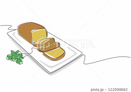 Single continuous line drawing zucchini bread cut into 3 pieces. Served on a square plate. Enjoy the softness and health. Delicious. National Zucchini Bread Day. One line design vector illustration 122098662