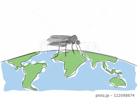 Single one line drawing semicircular world map with big mosquito on it. Malaria-spreading mosquitoes all around. Be alert. Live healthy. World Malaria Day. Continuous line design graphic illustration 122098674