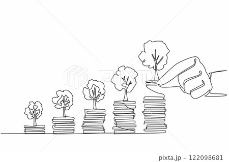 Continuous one line drawing 5 stacks of coins with a tree on top. The more investment, the more profit. Financial planner. National Financial Awareness Day. Single line draw design vector illustration 122098681