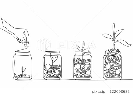 Single one line drawing hand inserts a coin into a jar containing a pile of coins and a tree. Investment for the future. National Financial Awareness Day. Continuous line design graphic illustration 122098682