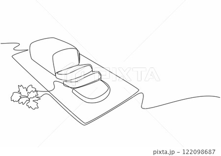 Single continuous line drawing zucchini bread cut into 3 pieces. Served on a square plate. Enjoy the softness and health. Delicious. National Zucchini Bread Day. One line design vector illustration Single continuous line drawing zucchini bread cut into 3 pieces. Served on a square plate. Enjoy the softness and health. Delicious. National Zucchini Bread Day. One line design vector illustration 122098687