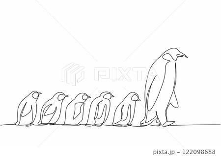 Single one line drawing 1 adult penguin walking in front of 5 baby penguins walking behind him. Animals that like to colonize. Migration. World Penguin Day. Continuous line design graphic illustration Single one line drawing 1 adult penguin walking in front of 5 baby penguins walking behind him. Animals that like to colonize. Migration. World Penguin Day. Continuous line design graphic illustration 122098688