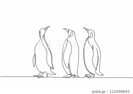 Single one line drawing three adult penguins standing. Observing the surrounding area. Avoiding danger. Looking for food. The emperor. World Penguin Day. Continuous line design graphic illustration 122098691