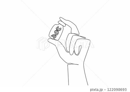 Single continuous line drawing hand holding a vaccine bottle and inside there is a DNA symbol. Researchers conducted genetic checks. Research. National DNA Day. One line design vector illustration 122098693