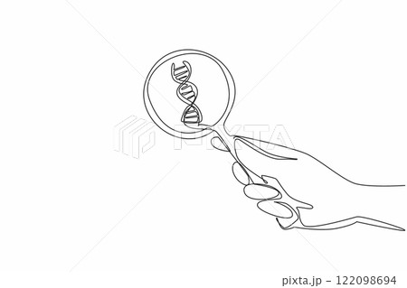 Continuous one line drawing hand holding a magnifier and pointing it at the DNA symbol. Blood cell checks to investigate health issues. National DNA Day. Single line draw design vector illustration 122098694