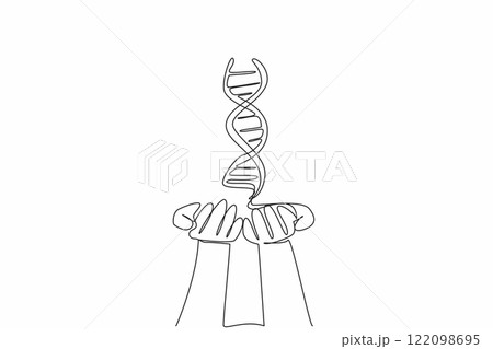 Single continuous line drawing DNA symbol on two open palms. Successful research. Successful blood sample testing. Researchers do the job right. National DNA Day. One line design vector illustration 122098695