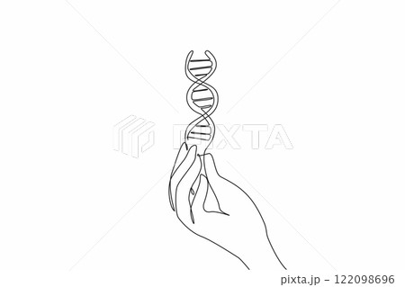Single one line drawing hand with a gesture of cupping fingers and there is a DNA symbol. Taking blood samples for random checks. Health. National DNA Day. Continuous line design graphic illustration 122098696