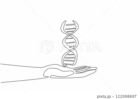 Continuous one line drawing DNA symbol on open palm. Submitting a blood sample for paternity testing. Researchers carry out tasks. Gene. National DNA Day. Single line draw design vector illustration 122098697