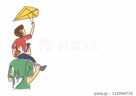 Continuous one line drawing a father carrying his son playing a kite on his shoulder. A memorable holiday. Strengthening the bond. Go Fly a Kite Day. Single line draw design vector illustration 122098719