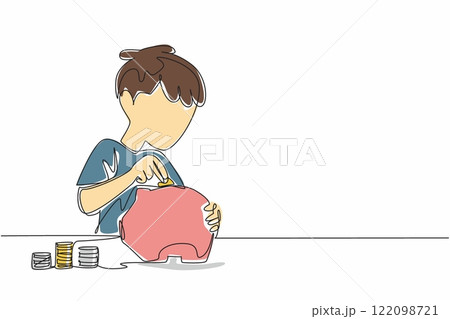 Single one line drawing a boy is putting coins into a piggy bank. The habit of saving from an early age. Financial preparation for the future. Coin Week. Continuous line design graphic illustration Single one line drawing a boy is putting coins into a piggy bank. The habit of saving from an early age. Financial preparation for the future. Coin Week. Continuous line design graphic illustration 122098721