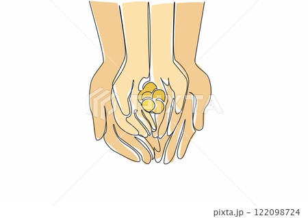 Continuous one line drawing put a coin in the palm of the hand. Financial readiness education is provided from an early age. Learn to save. Coin Week. Single line draw design vector illustration 122098724