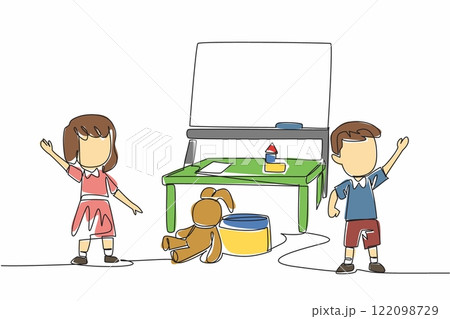 Continuous one line drawing boys and girls standing waving their hands. Invitation to see work of children. Smart generation. National Kindergarten Day. Single line draw design vector illustration 122098729