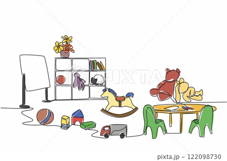 Single continuous line drawing kindergarten classroom. Equipped with various learning needs for children. Sharpen the intelligence. National Kindergarten Day. One line design vector illustration 122098730