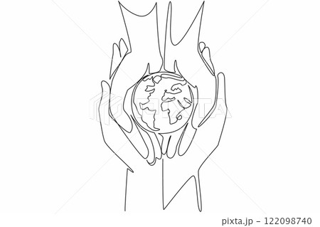 Continuous one line drawing two human hands holding a globe. Teaching children to care for the earth. Cultivating sensitivity. Environmental. Earth Day. Single line draw design vector illustration 122098740