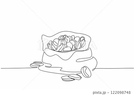 Single one line drawing an open cloth bag filled with coins. Like a prize from television quiz. The gold coins glistened. The luxury of treasure. Coin Week. Continuous line design graphic illustration 122098748