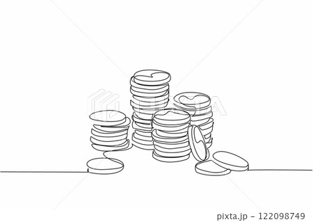 Single continuous line drawing the stacks of coins of varying heights. Gold coin money. Financial readiness is still inadequate. Different abilities. Coin Week. One line design vector illustration 122098749