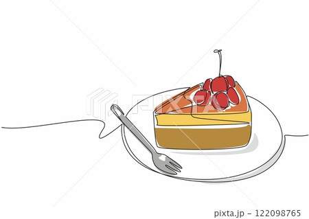 Continuous one line drawing cherry cheesecake cut on a small round plate. Cherry topping adds freshness. Delicious. Tasty. National Cherry Cheesecake Day. Single line draw design vector illustration Continuous one line drawing cherry cheesecake cut on a small round plate. Cherry topping adds freshness. Delicious. Tasty. National Cherry Cheesecake Day. Single line draw design vector illustration 122098765