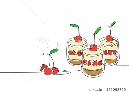 Single one line drawing 3 cups of cherry cheesecake. Ease of serving. Delicious cake in small version. Delicious. Savory. National Cherry Cheesecake Day. Continuous line design graphic illustration Single one line drawing 3 cups of cherry cheesecake. Ease of serving. Delicious cake in small version. Delicious. Savory. National Cherry Cheesecake Day. Continuous line design graphic illustration 122098766