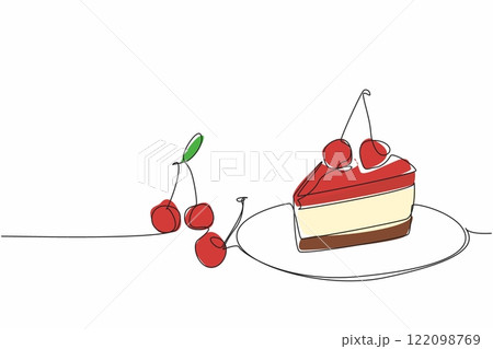 Single one line drawing cherry cheesecake slices with cherry topping on small plate. A piece of extraordinary deliciousness. National Cherry Cheesecake Day. Continuous line design graphic illustration 122098769