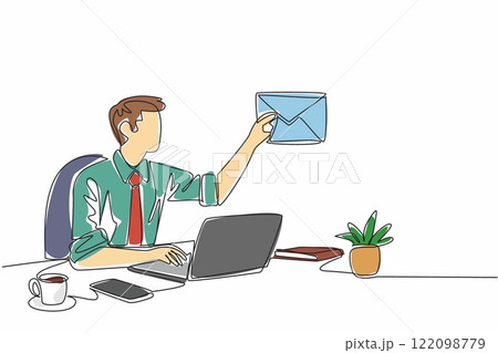 Single one line drawing a businessman sitting at his desk typing on his laptop. Provide offers to top clients via email. Convenience. National Email Day. Continuous line design graphic illustration 122098779