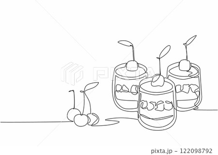 Single one line drawing 3 cups of cherry cheesecake. Ease of serving. Delicious cake in small version. Delicious. Savory. National Cherry Cheesecake Day. Continuous line design graphic illustration 122098792
