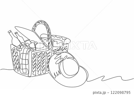 Single continuous line drawing picnic basket made of rattan filled with snacks, fruits. Thorough preparation makes the picnic more enjoyable. National Picnic Day. One line design vector illustration 122098795