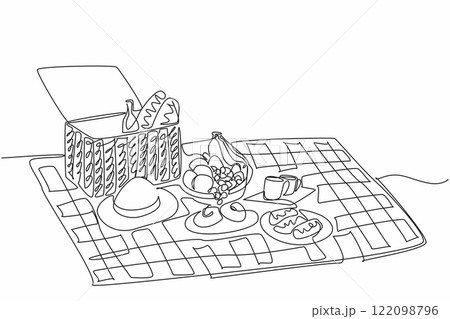 Continuous one line drawing red and white checkered mat and rattan picnic basket. Spending spring with fun things. A unique picnic. National Picnic Day. Single line draw design vector illustration 122098796