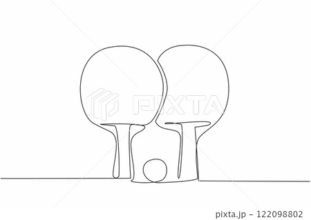 Continuous one line drawing paddle ping pong racket with ball. Set of indoor sports equipment. One-on-one game. Healthy lifestyles. World Table Tennis Day. Single line draw design vector illustration 122098802