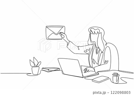 Single continuous line drawing businesswoman sitting at desk typing on laptop. Reply to emails received from clients. Formal language. Tech. National Email Day. One line design vector illustration 122098803