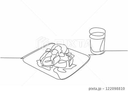 Single one line drawing 3 pcs English muffins with topping of butter chunks covered in honey. Spend weekend with sweet snacks. National English Muffin Day. Continuous line design graphic illustration Single one line drawing 3 pcs English muffins with topping of butter chunks covered in honey. Spend weekend with sweet snacks. National English Muffin Day. Continuous line design graphic illustration 122098810