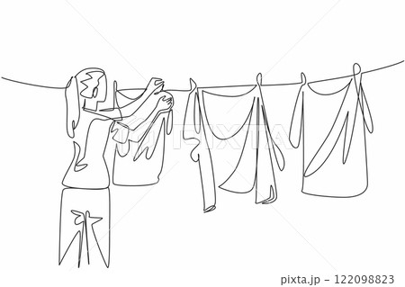 Single continuous line drawing a woman in casual clothes drying clothes. Morning routine before the sun rises and becomes very bright. National Hanging Out Day. One line design vector illustration 122098823